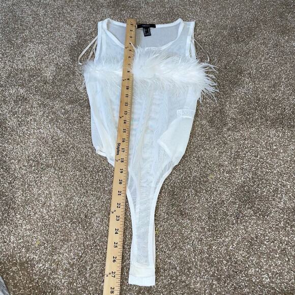 Forever 21 body suit white mesh boa feather top one piece semi sheer SZ M snap - Picture 3 of 8